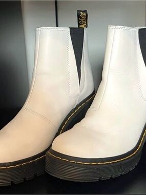 Dr. Martens White Chelsea Platform Boots with Yellow Stitching